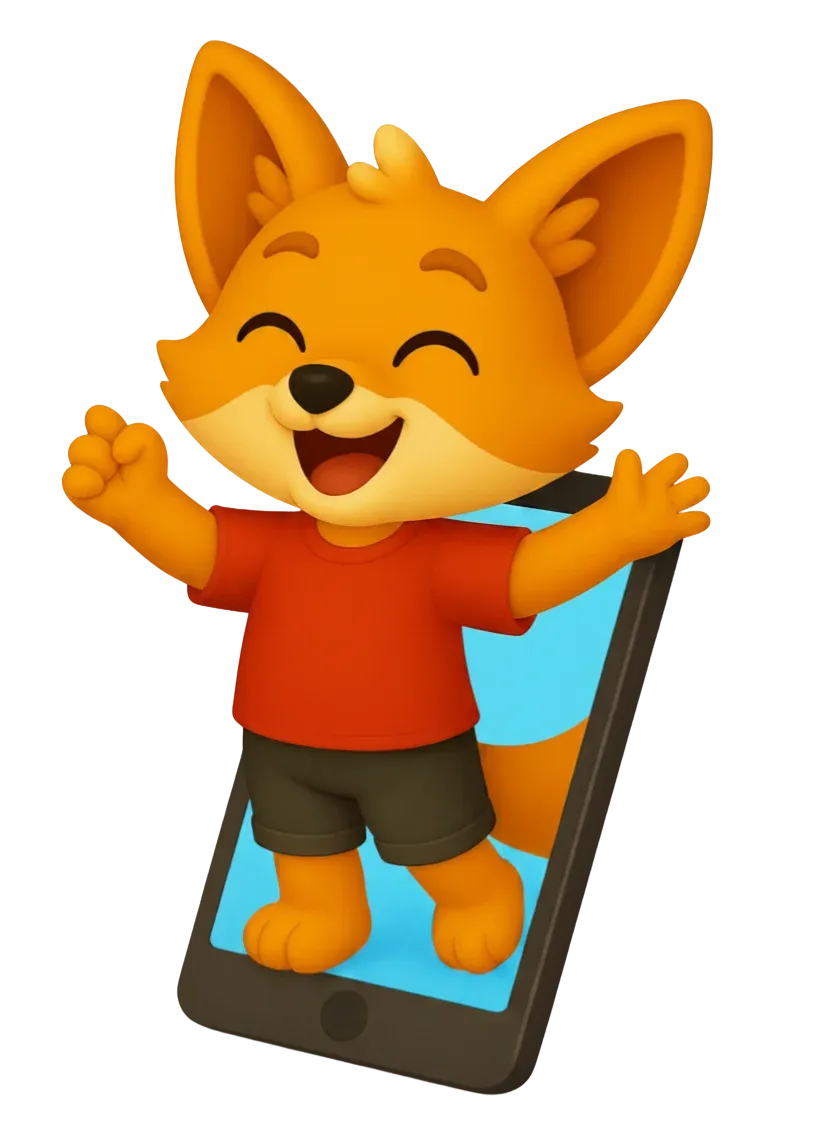 Charlie the fox jumping out of a smartphone screen